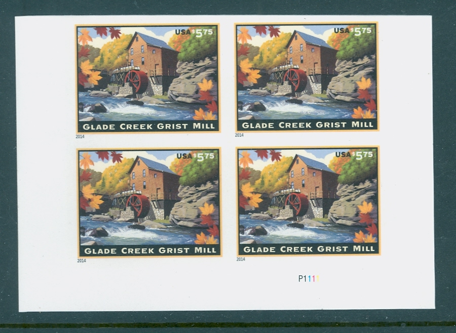 4927i 5.75 Glade Creek Grist Mill Imperf Plate Block of 4 #4927imppb