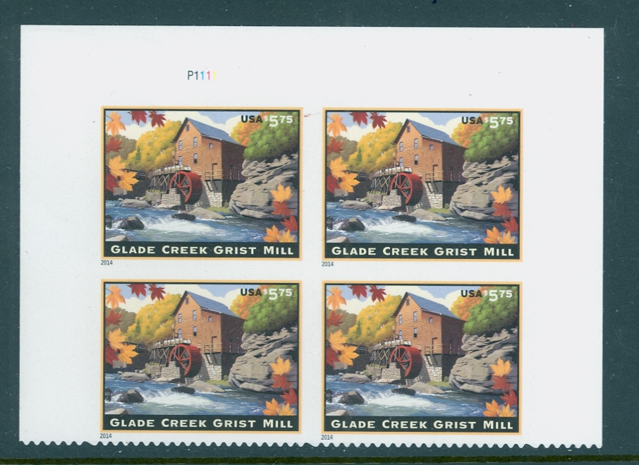 4927 5.75 Glade Creek Grist Mill Mint NH Plate Block of 4 #4927pb