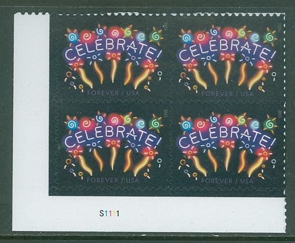 5019 Forever Neon Celebrate, Reprint Dated 2015 Mint Plate Block of 4 #5019pb