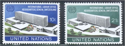 UNNY 244-45 10c-21c ILO Headquarters UN NH Inscription blocks #UNNY244ib