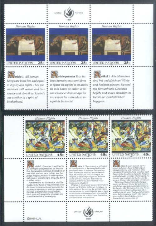 UNNY 570-71 25c-45c Human Rights, sheets of 12.* F-VF NH  #UNNY570-71sh