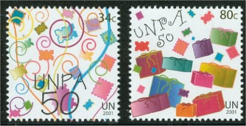 UNNY 809-10  34c, 80c UNPA 50th Mint NH Inscription Blocks #ny809mi