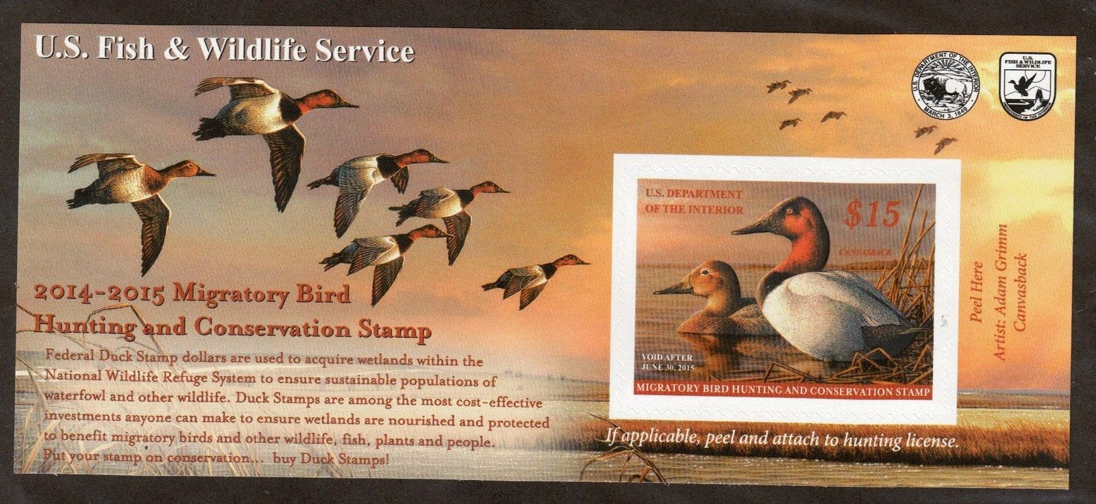 RW81A 2014 15.00 Canvasback Duck Stamp Self Adhesive #rw81a