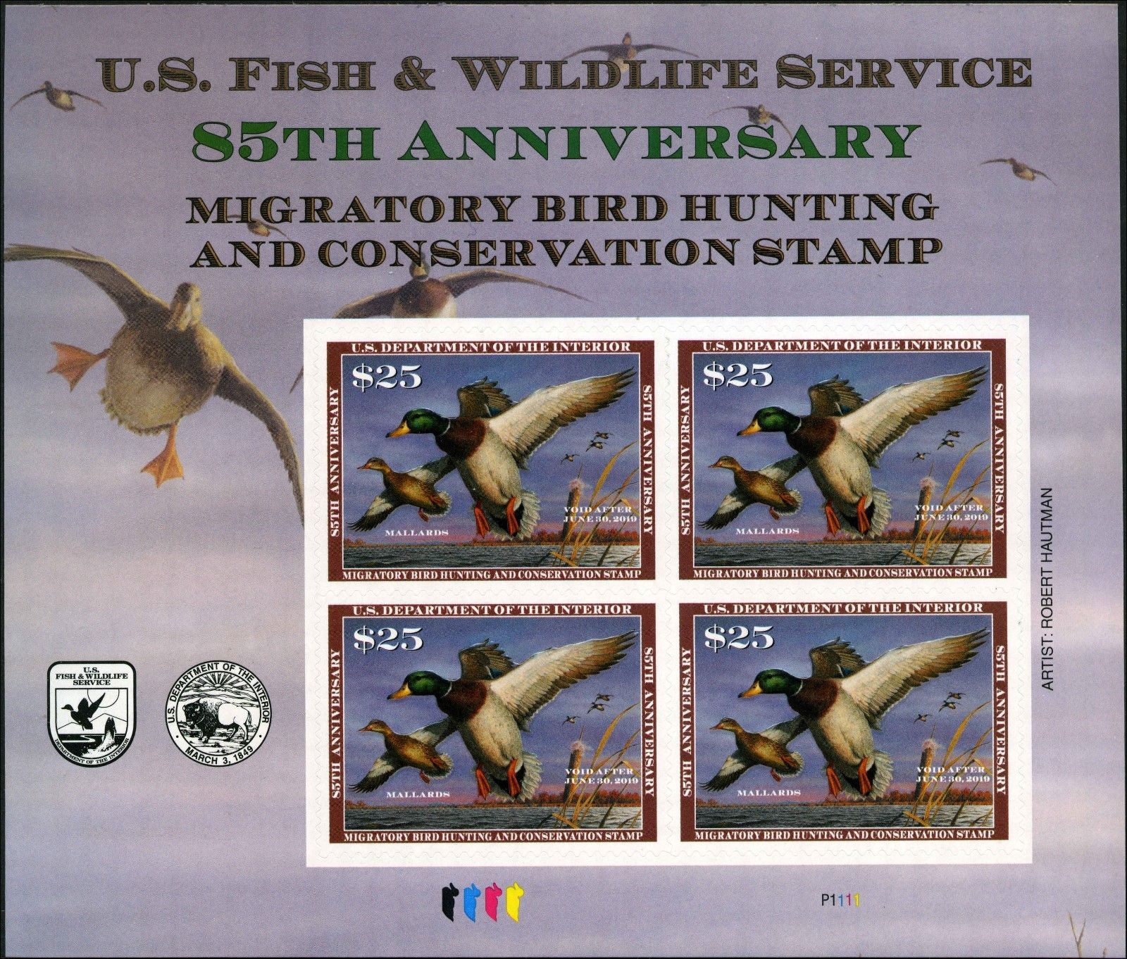 RW86 2019 25 Wood Duck and Decoy Duck Stamp Mint Plate Block of 4 #rw86PB