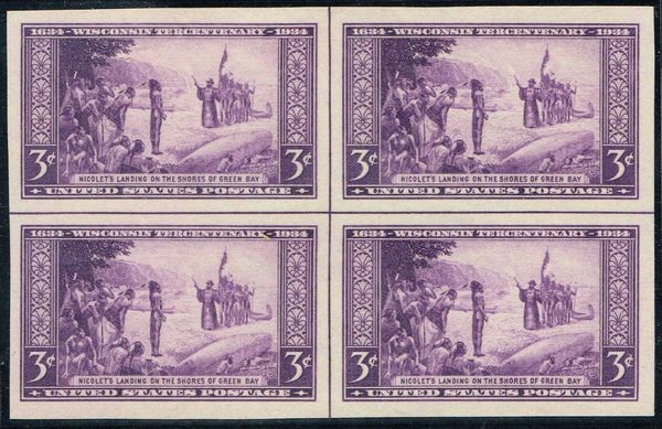 755 3c Wisconsin Imperforate F-VF Mint NH Center Line Block of  #755clb