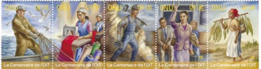 UNG 668-72  1 fr ILO Centenary 5 Mint NH Inscription Block of 10 #ung668-72mi
