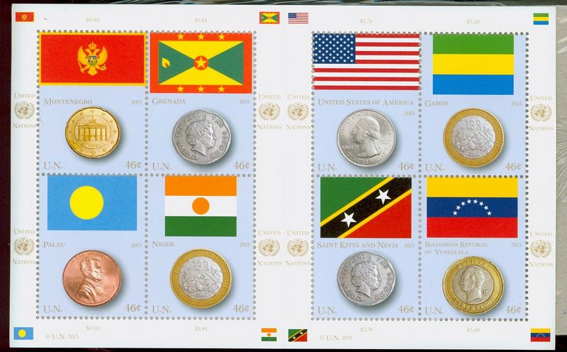UNNY 1078 46c Coins and Flags Sheet #unny1078sh