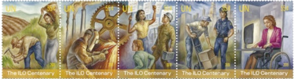 UNNY 1219-23 55c ILO Centenary Strip of 5 Mint NH #unny1219-23str5