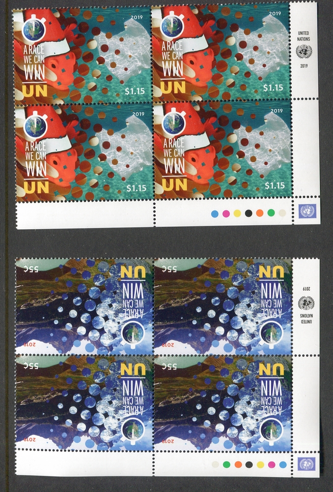 UNNY 1224-25 55c, 1.15 Climate Change Set of 2 Mint NH Inscription Blocks #unny1224-5ib