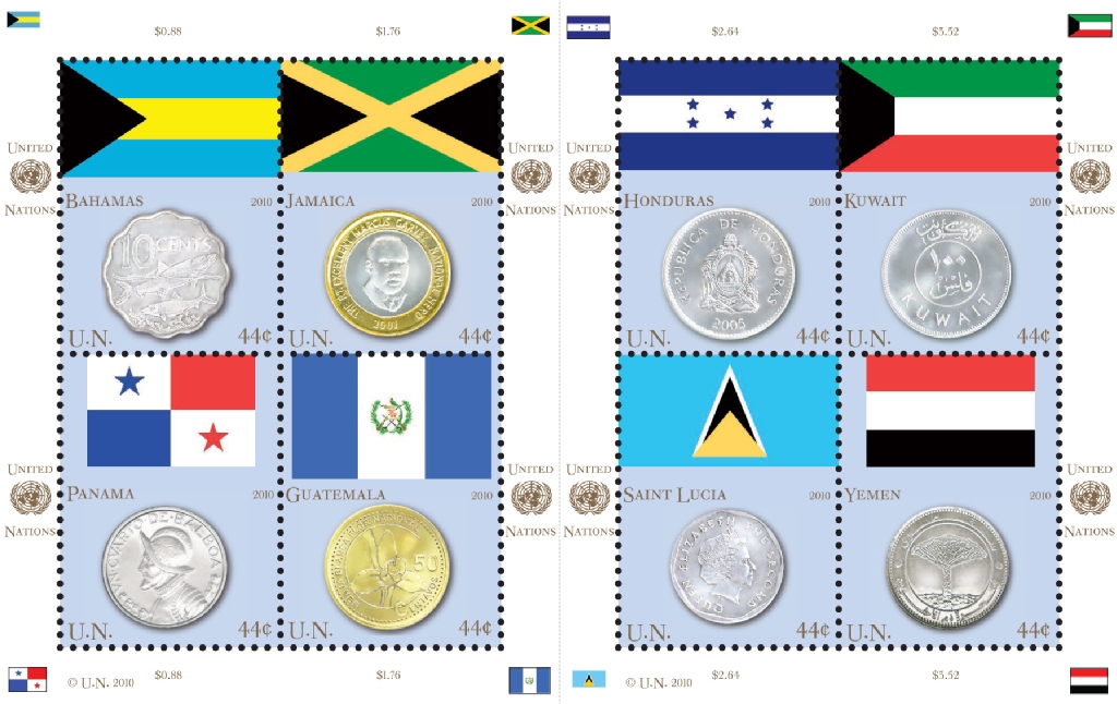 UNNY  998 2010 44c Coins  Flags sheet #unny998sh