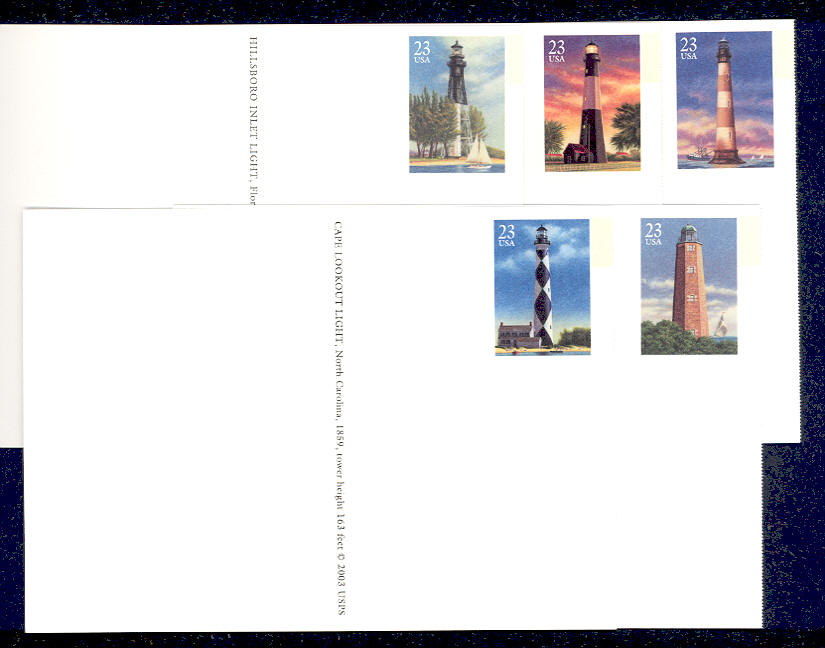UX395-9  23c Lighthouses set of 5 F-VF Mint Postal Cards #UX395-9