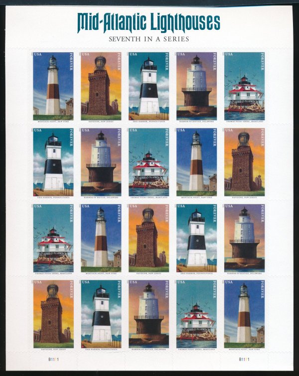 5621-5625sh Forever Mid Atlantic Lighthouses Mint Sheet of 20  5621-5625sh