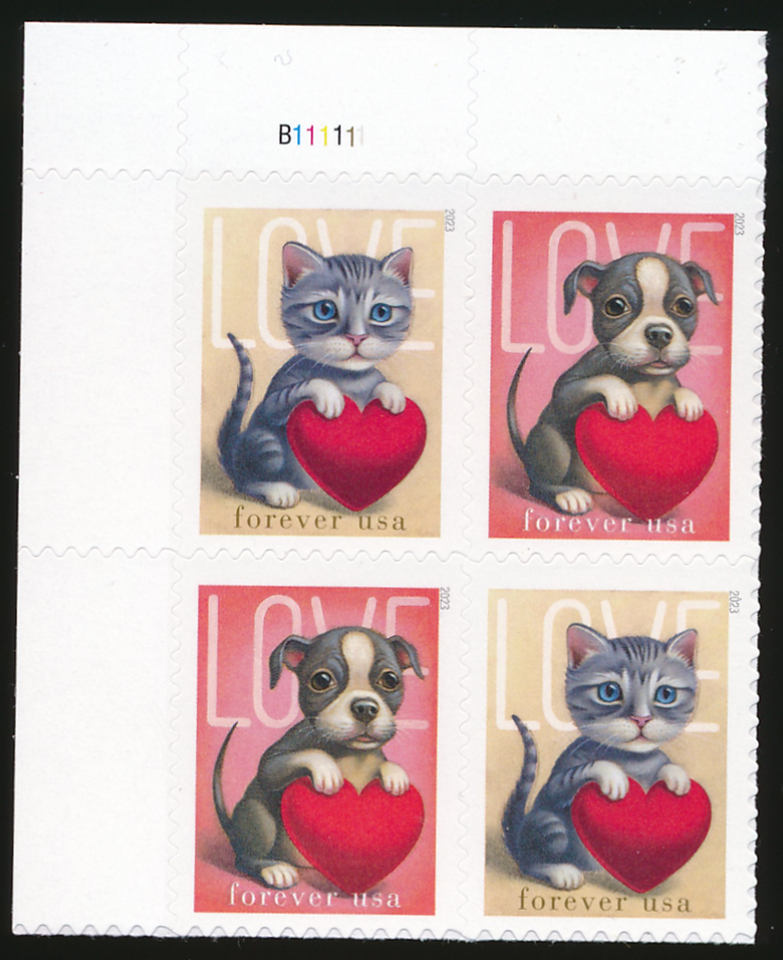 5745-46 .60 Love Cats and Dogs  Plate Block of 4 5745-46pb