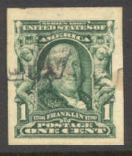 314 1c Franklin, blue green Imperforate, Used  F-VF 314used