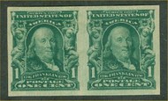 314 1c Franklin, blue green Imperforate, Mint NH  F-VF Pair 314nhpr