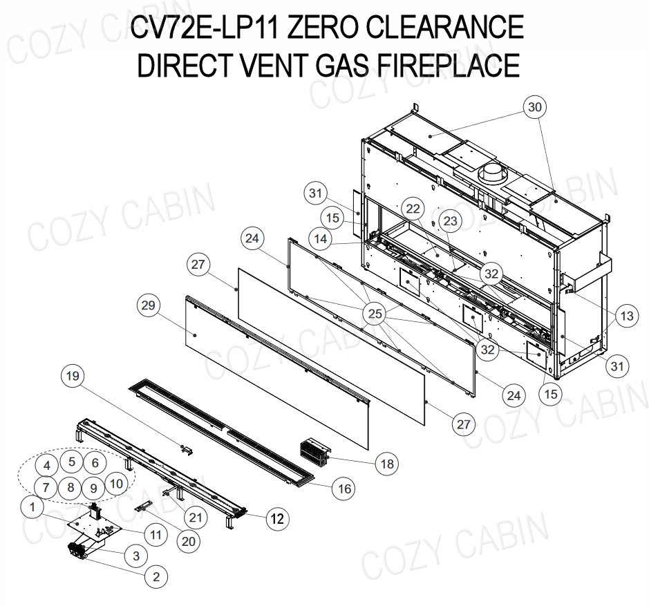 City Series New York View Zero Clearance Direct Vent LP Gas Fireplace  (CV72E-LP11) (CV72E-LP11) Cozy Cabin Regency Parts Store