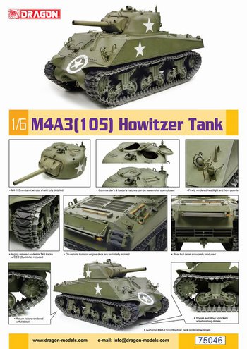 Dragon Models 1/6 Scale WWII US M4A3 Sherman 105mm Howitzer Tank Kit 75046 #75046